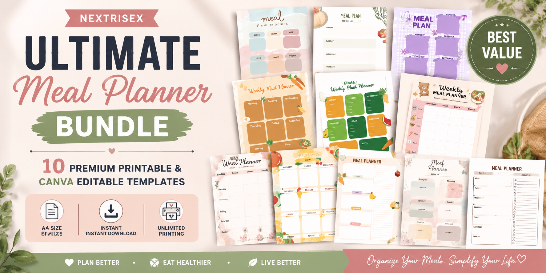 Ultimate Meal Planner Bundle | 10 Printable & Editable Canva Meal Planner Templates | Weekly Meal Planning Kit